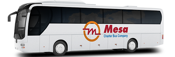 a plain white charter bus with a Mesa charter bus company logo on it